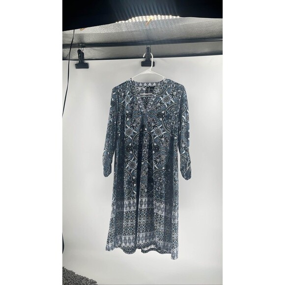 INC International Concepts Blue Paisley V-Neck 3/4 Sleeve Shift Dress - Picture 1 of 4